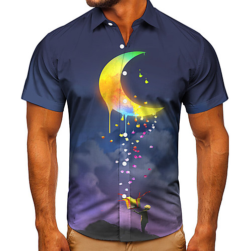 

Men's Shirt 3D Print Graphic Prints Moon Button-Down Short Sleeve Street Tops Casual Fashion Classic Breathable Blue