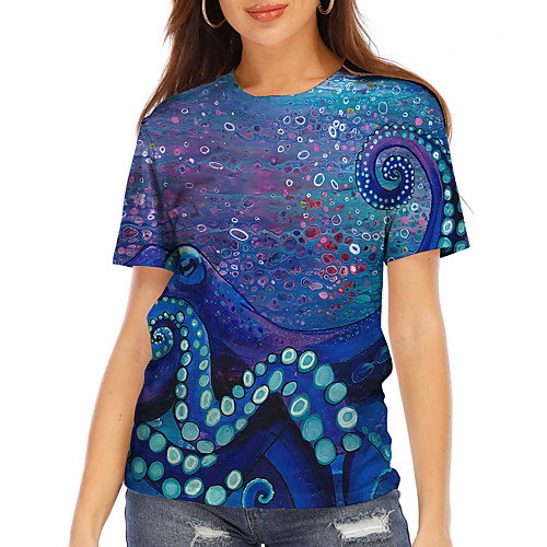 

Women's Holiday Painting T shirt Graphic Print Round Neck Basic Tops Blue