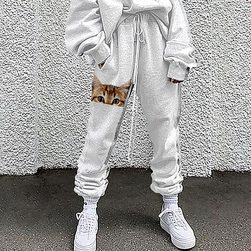 

Women's Fashion Casual / Sporty Comfort Daily Weekend Sweatpants Pants Cat Animal Full Length Pocket Elastic Drawstring Design Print White Yellow Khaki