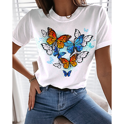 

Women's Holiday Butterfly T shirt Graphic Butterfly Print Round Neck Basic Tops White