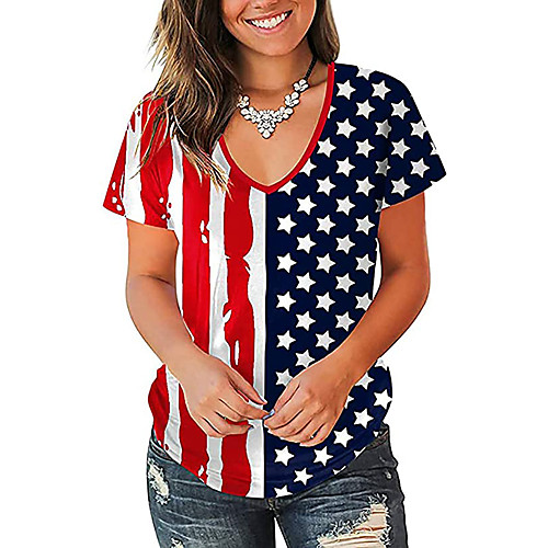 

Women's T shirt Striped Flag Print V Neck Basic Tops White Blue Red