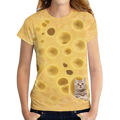 

Women's 3D Cat T shirt Cat Graphic 3D Print Round Neck Basic Tops Yellow