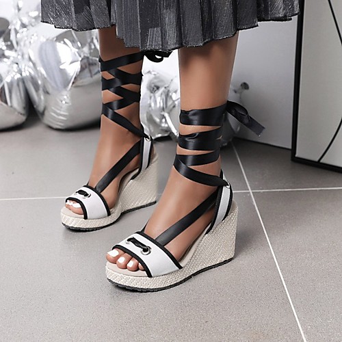 

Women's Sandals Lace up Wedge Sandals Espadrilles Wedge Heel Peep Toe PU Synthetics Almond Yellow Gray / Platform Sandals