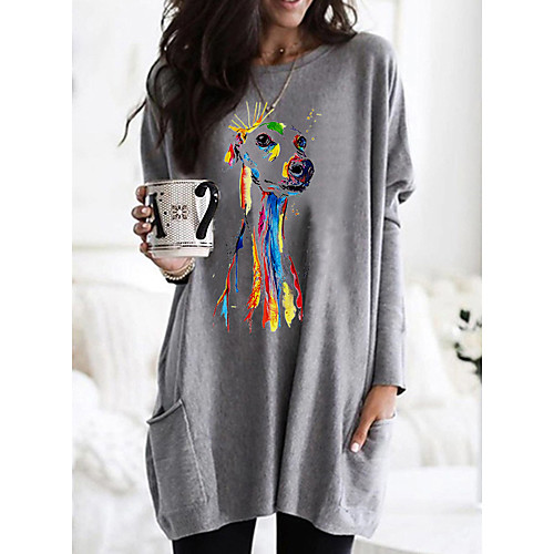 

Women's T shirt Dress Dog Graphic Animal Long Sleeve Pocket Round Neck Tops Basic Basic Top White Black Fuchsia