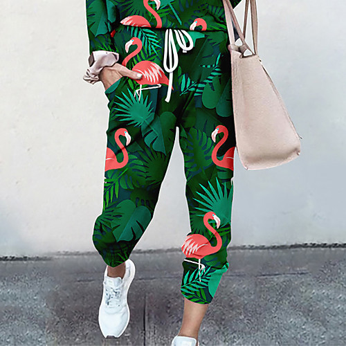 

Women's Basic Soft Comfort Going out Gym Palazzo Pants Plants Flamingo Full Length Elastic Drawstring Design Print Yellow Green