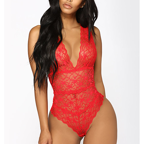 

Women's Mesh Lace Erotic Bodysuits Nightwear Jacquard Solid Colored Black / Red S M L / Deep V