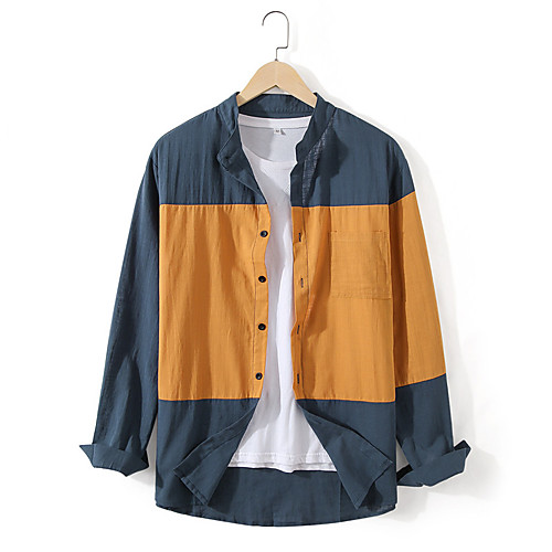 

Men's Shirt Color Block Button-Down Long Sleeve Casual Tops 100% Cotton Lightweight Casual Fashion Breathable Navy Blue