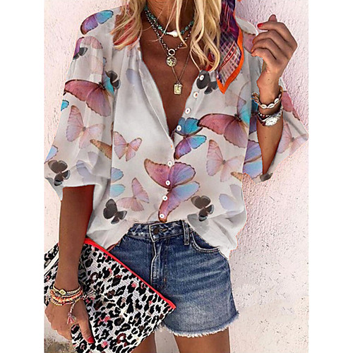 

Women's Blouse Shirt Butterfly Long Sleeve Print Standing Collar Casual Tops White
