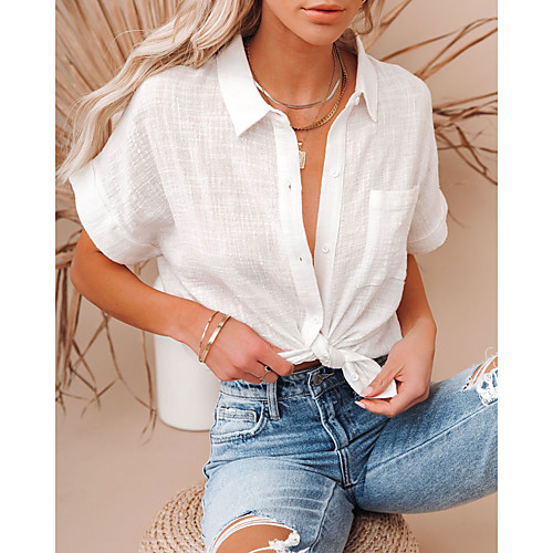 

Women's Work Blouse Shirt Plain Patchwork Shirt Collar Basic Tops White Blue Purple