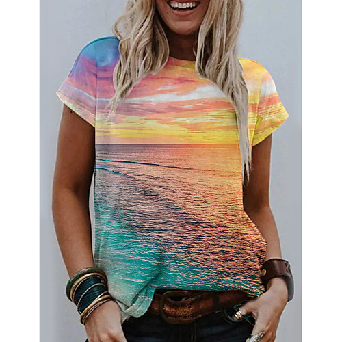 

Women's 3D Printed Painting T shirt Graphic Ocean Print Round Neck Basic Tops Yellow