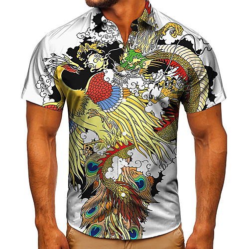 

Men's Shirt 3D Print Dragon Graphic Prints Phoenix Button-Down Short Sleeve Street Tops Casual Fashion Classic Breathable White