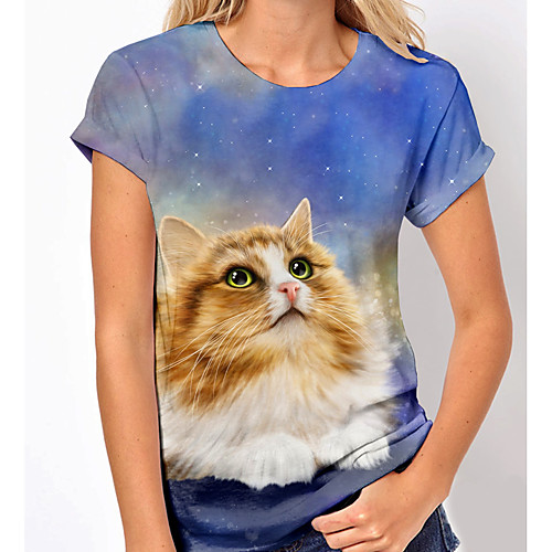 

Women's 3D Cat T shirt Cat 3D Animal Print Round Neck Basic Tops Purple
