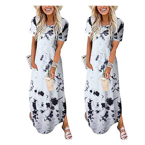 

Women's A Line Dress Maxi long Dress Black And White Blue Light Grey Brown Short Sleeve Pattern Summer Casual 2021 S M L XL XXL