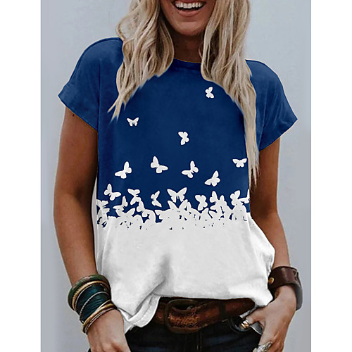 

Women's Butterfly T shirt Butterfly Color Block Print Round Neck Tops Basic Basic Top Black Blue Yellow