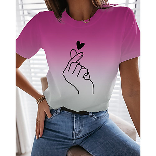 

Women's T shirt Color Gradient Graphic Heart Print Round Neck Tops Basic Basic Top Purple Red Green