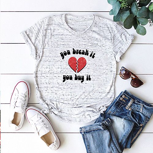 

Women's T shirt Heart Letter Print Round Neck Tops Cotton Basic Basic Top White Black Blue