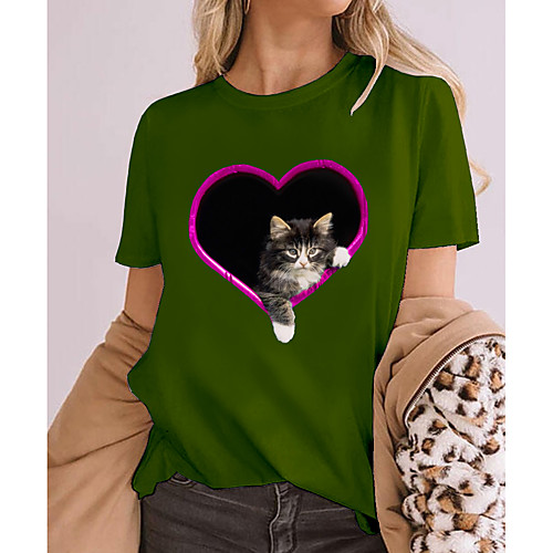 

Women's 3D Cat T shirt Cat Heart 3D Print Round Neck Basic Tops 100% Cotton Blushing Pink Green Brown