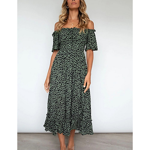 

Women's Swing Dress Midi Dress Khaki Green Black Short Sleeve Print Patchwork Fall Summer Off Shoulder Casual 2021 S M L XL