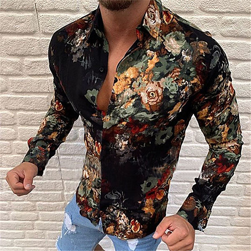 

Men's Shirt Floral Button-Down Long Sleeve Casual Tops Cotton Casual Fashion Breathable Comfortable Black