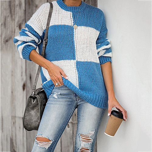 

Women's Casual / Daily Plaid / Check Sweater Long Sleeve Sweater Cardigans Round Neck Fall Spring Blue khaki Gray