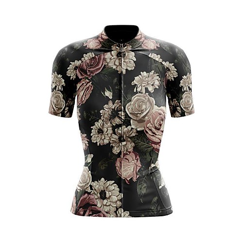 

21Grams Women's Short Sleeve Cycling Jersey Summer Spandex Polyester Black Floral Botanical Bike Jersey Top Mountain Bike MTB Road Bike Cycling Breathable Back Pocket Sports Clothing Apparel
