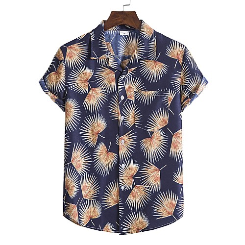 

Men's Shirt Other Prints Leaves Print Short Sleeve Casual Tops Hawaiian Classic Collar Navy Blue / Summer / Beach