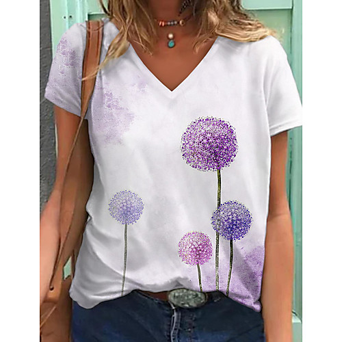 

Women's Floral Theme T shirt Floral Graphic Print V Neck Tops Basic Basic Top Purple