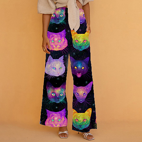 

Women's Basic Chino Comfort Going out Beach Pants Pants Cat Graphic Prints Full Length Elastic Drawstring Design Print Black