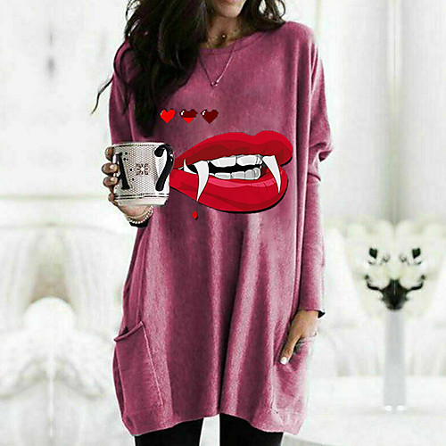 

Women's T shirt Dress Graphic Mouth Long Sleeve Pocket Round Neck Tops Basic Basic Top White Black Fuchsia