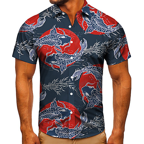 

Men's Shirt 3D Print Graphic Prints Fish Button-Down Short Sleeve Street Tops Casual Fashion Classic Breathable Blue