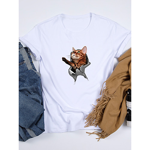 

Women's T shirt Cat Graphic Print Round Neck Tops 100% Cotton Basic Basic Top White Purple Yellow