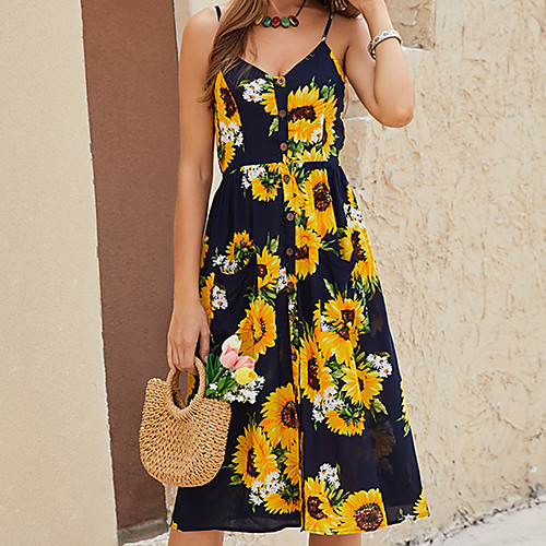 

Women's Strap Dress Midi Dress Black Sleeveless Floral Button Print Summer V Neck Elegant Casual Holiday Beach 2021 M L XL XXL / Cotton / Cotton