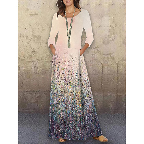 

Women's Shift Dress Maxi long Dress Blushing Pink 3/4 Length Sleeve Floral Print Color Gradient Print Spring Summer Round Neck Casual Holiday 2021 S M L XL XXL 3XL