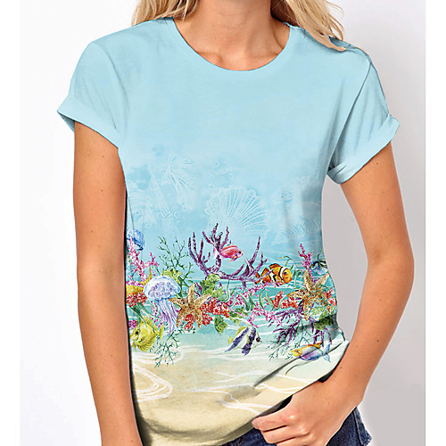 

Women's Holiday Floral Theme Painting T shirt Floral Print Round Neck Basic Tops Blue