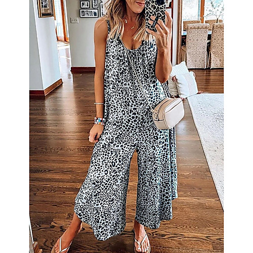 

Women's Ordinary Wide Leg Black Jumpsuit Leopard Print