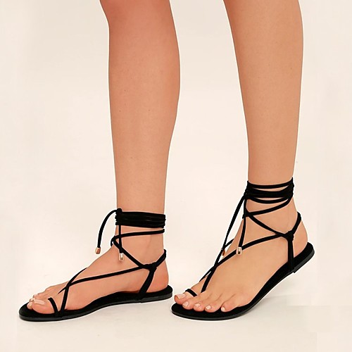 

Women's Sandals Lace up Flat Heel Round Toe PU Solid Colored Black Gold Beige
