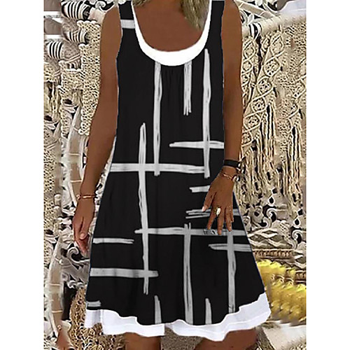 

Women's Shift Dress Knee Length Dress Black Sleeveless Striped Print Spring Summer Boat Neck Casual Holiday Loose 2021 S M L XL XXL 3XL