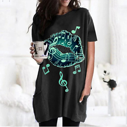 

Women's T shirt Dress Graphic Mouth Round Neck Tops Basic Basic Top Black Wine Army Green
