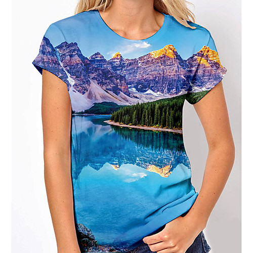 

Women's 3D Printed Painting T shirt Graphic Scenery Print Round Neck Basic Tops Blue