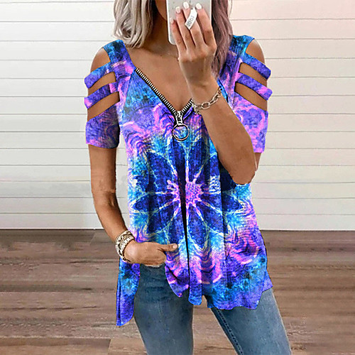 

Women's Boho Geometric Blouse Shirt Graphic Cut Out Zipper V Neck Basic Casual Tops Loose Royal Blue Rainbow Navy Blue