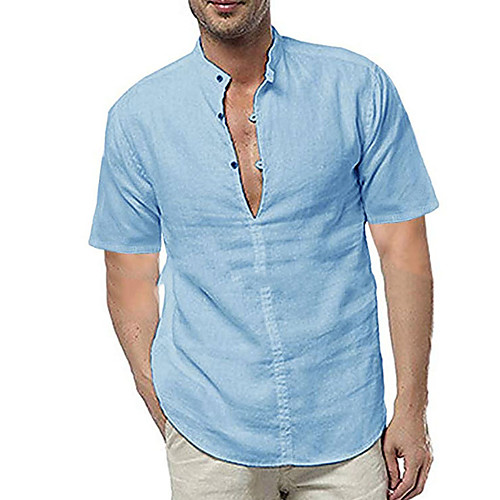 

Men's Shirt Solid Color Button-Down Short Sleeve Casual Tops Lightweight Casual Fashion Breathable Blue Khaki Green / Stand Collar