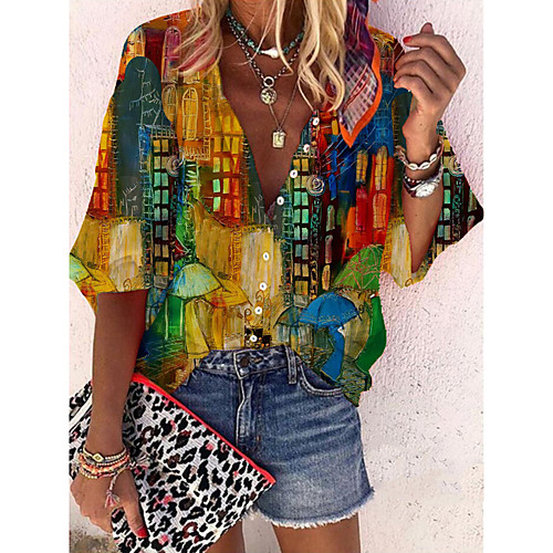 

Women's Blouse Shirt Graphic Long Sleeve Print Standing Collar Casual Tops Rainbow