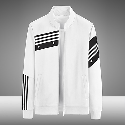 

Men's Jacket Daily Spring & Summer Regular Coat Stand Collar Regular Fit Active Jacket Long Sleeve Color Block Print White Black