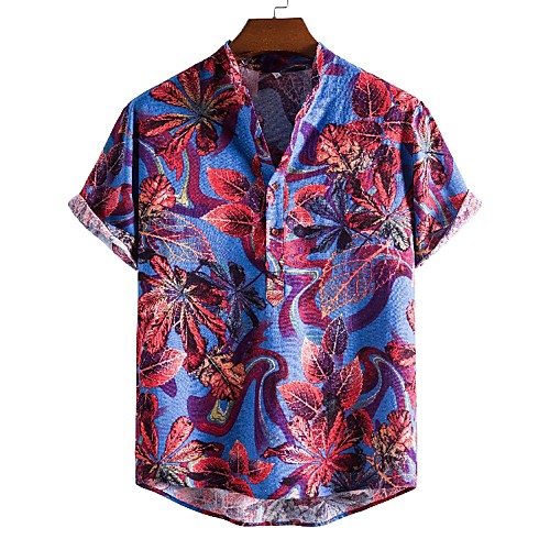 

Men's Shirt Other Prints Graphic Leaves Short Sleeve Daily Tops Ethnic Style Light Blue