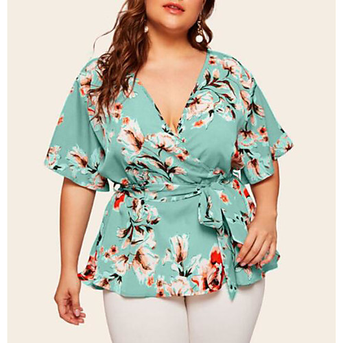 

Women's Plus Size Tops Blouse Shirt Floral Drawstring Bow Half Sleeve V Neck Hot Spring Summer Black Flowers Purple Yellow Big Size L XL XXL XXXL 4XL Chiffon