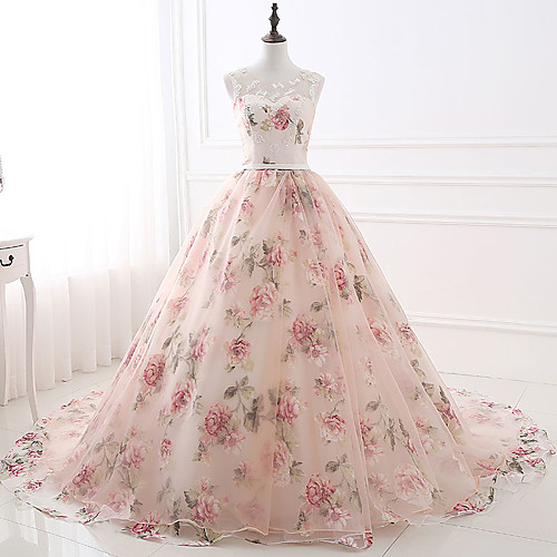 

Ball Gown Floral Quinceanera Formal Evening Valentine's Day Dress Illusion Neck Sleeveless Chapel Train Satin Tulle with Beading Pattern / Print Appliques 2021