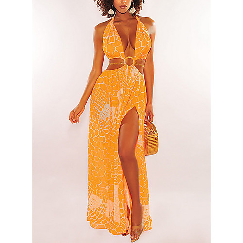 

Women's A Line Dress Maxi long Dress Yellow Orange Black Sleeveless Print Patchwork Print Fall Summer Halter Neck Casual Holiday Beach 2021 S M L XL / Chiffon