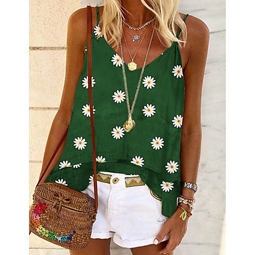 

Women's Going out Bohemian Theme Camisole Blouse Daisy Print V Neck Boho Tops Yellow Black Green