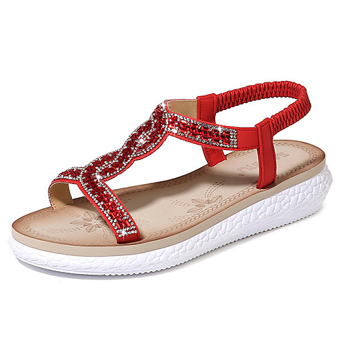 

Women's Sandals Boho Bohemia Beach Flat Heel PU Rhinestone Light Red Black Pink