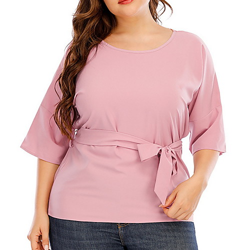 

Women's Plus Size Tops T shirt Plain Drawstring 3/4 Length Sleeve Crewneck Blushing Pink Big Size XL XXL 3XL 4XL
